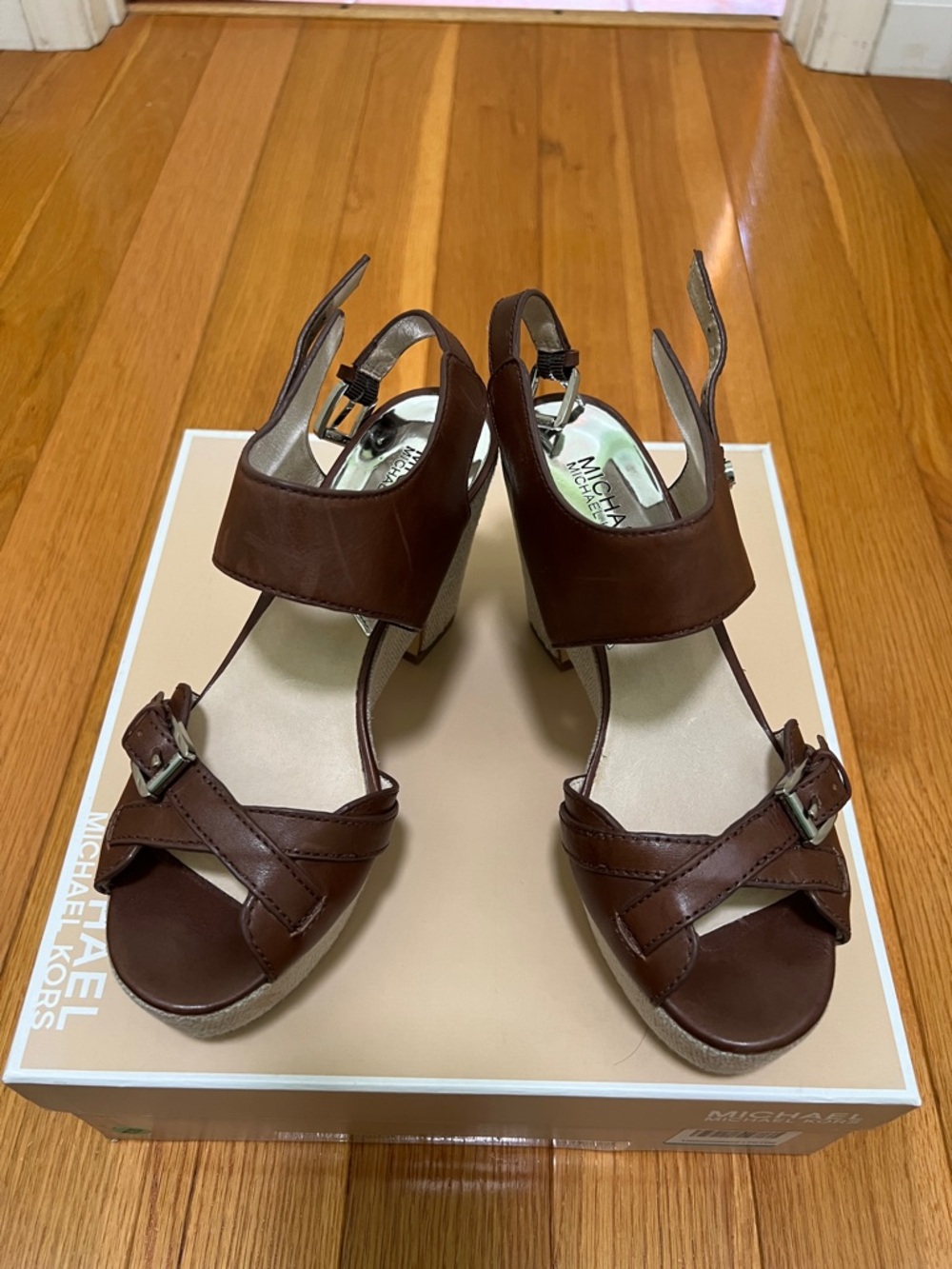 Michael Kors Brown Leather Wedge Sandals with Buckle Strap